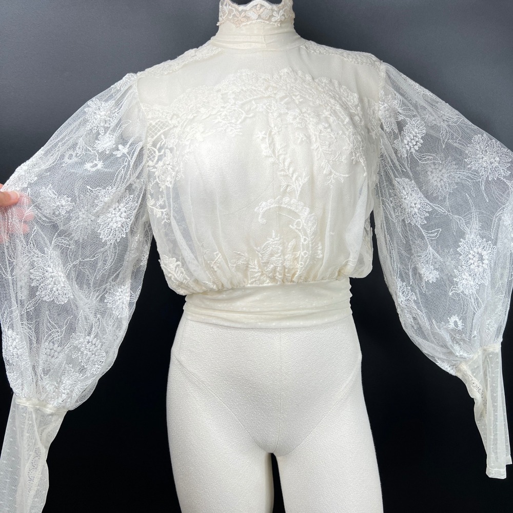 VTG Ivory Lace High Neck Balloon Sleeve Blouse Medium Sheer lace Victorian Top